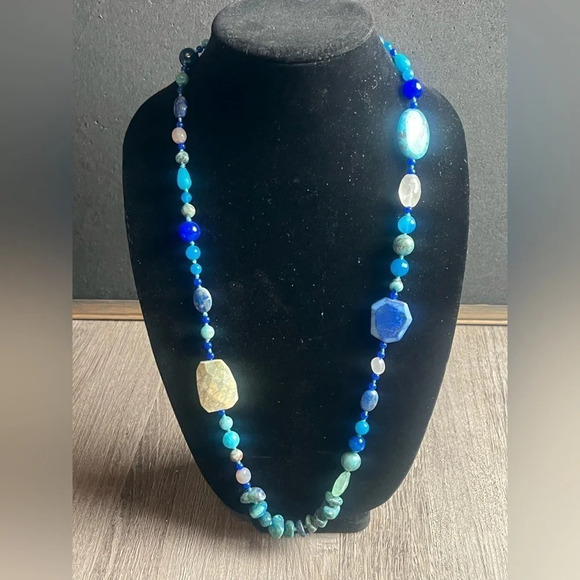 Blue Lapis and Impression Jasper Precious Stones Sterling Silver Clasp Necklace - Picture 10 of 10